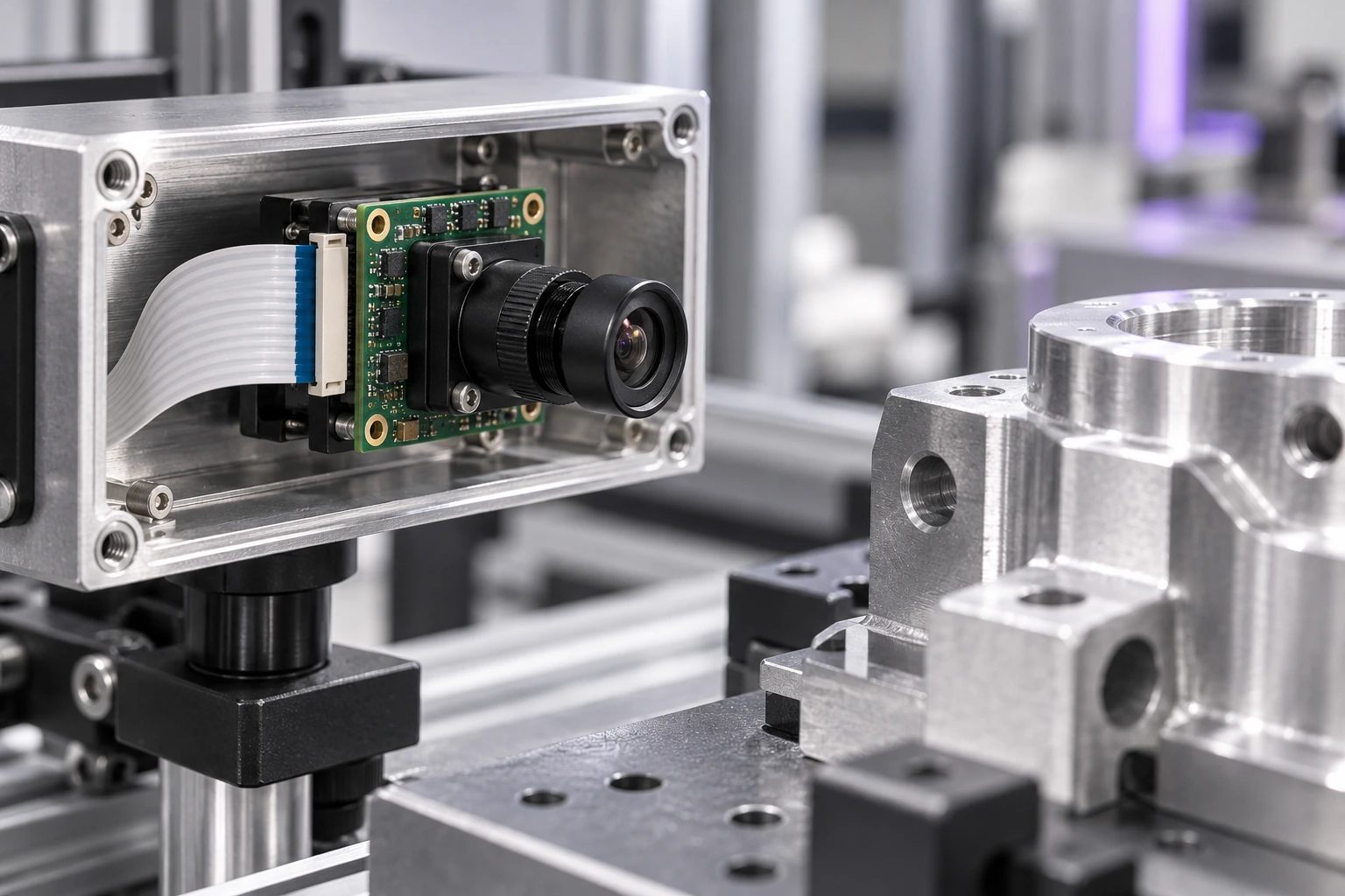 Illustrative M12 fixed-focal camera module integrated in an open instrument housing