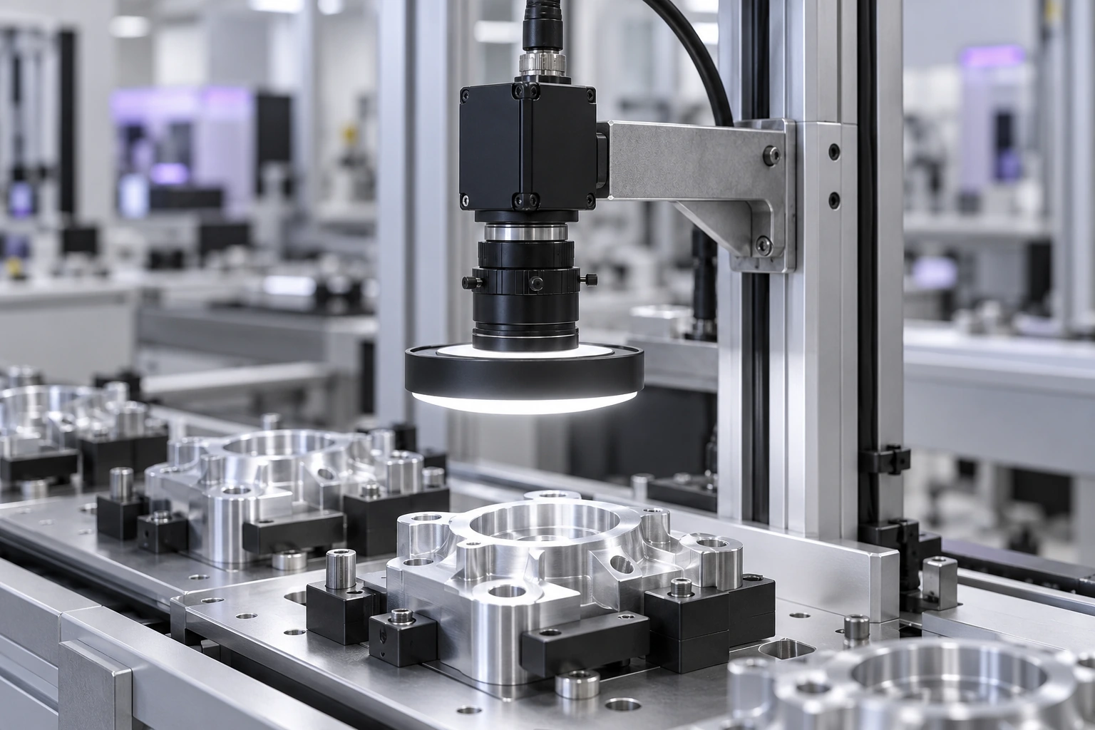 Illustrative fixed-focal machine vision camera above machined parts on an inspection fixture