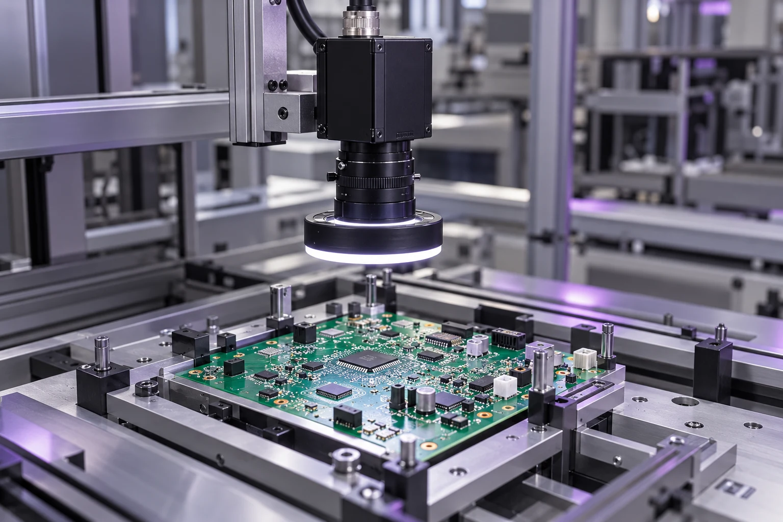 Illustrative machine vision camera with ring light examining a populated circuit board