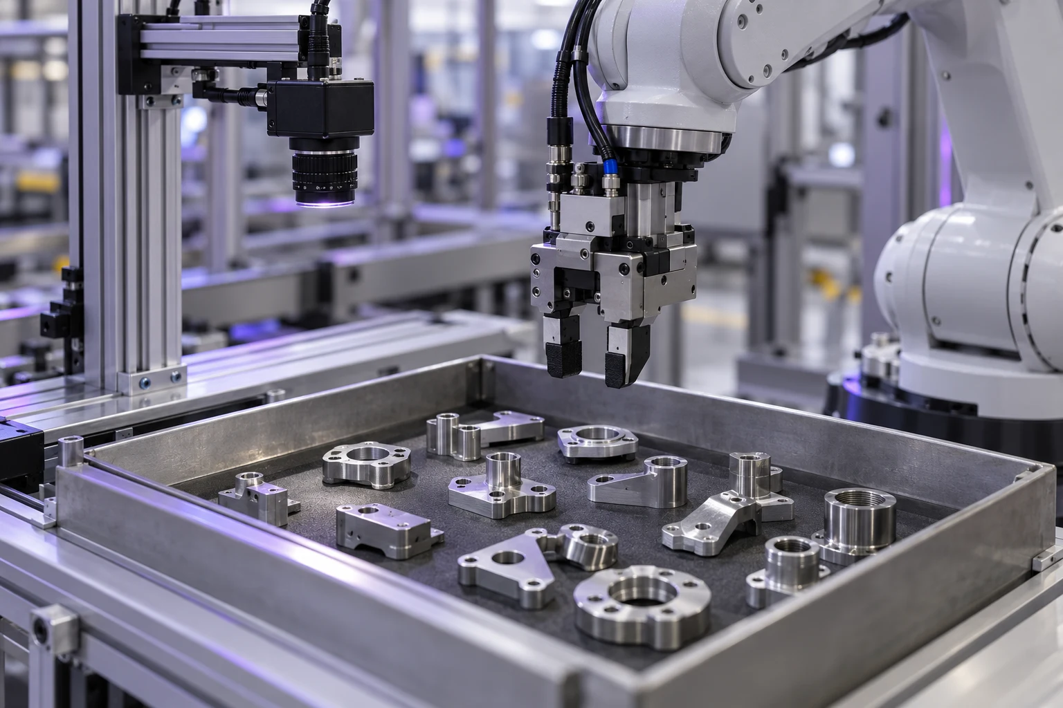 Illustrative robot gripper and separate industrial vision camera above a tray of metal parts