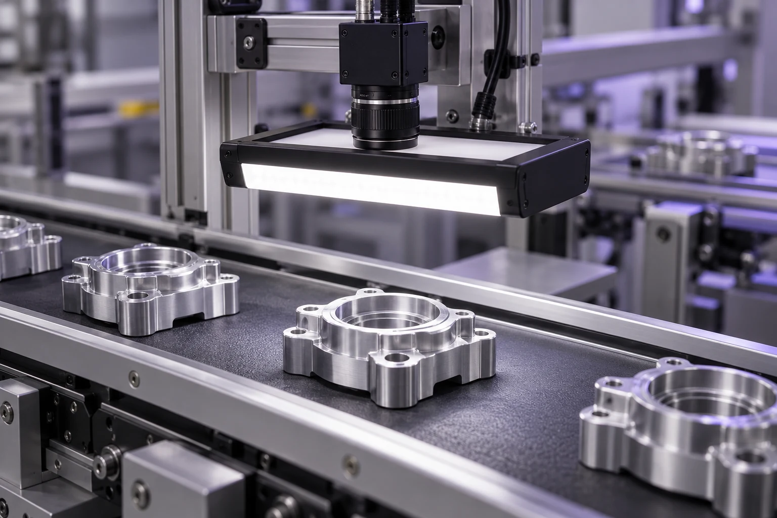 Illustrative industrial camera and diffuse light inspecting machined components on a conveyor
