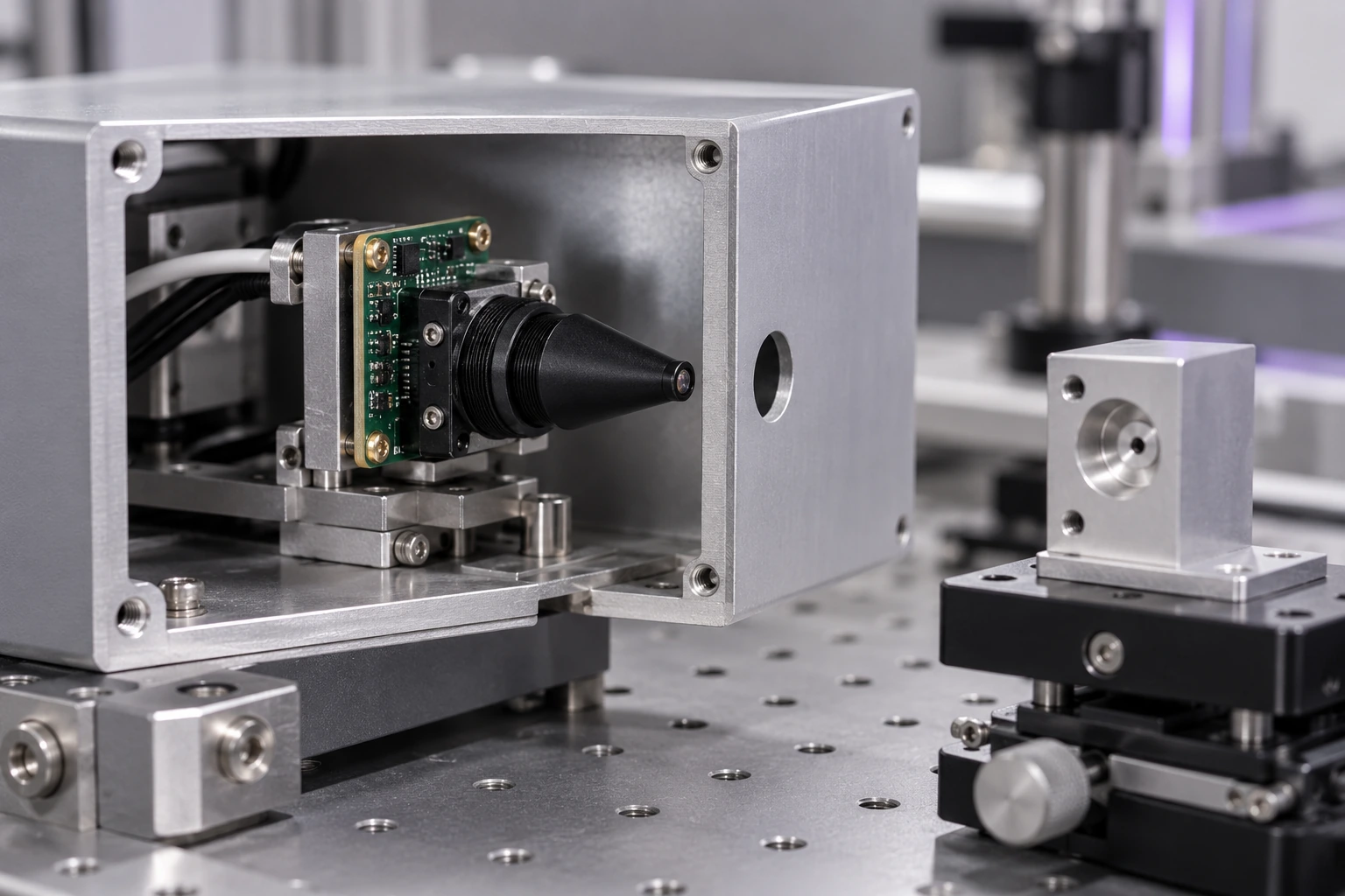 Illustrative miniature pinhole camera module inside an open OEM instrument housing