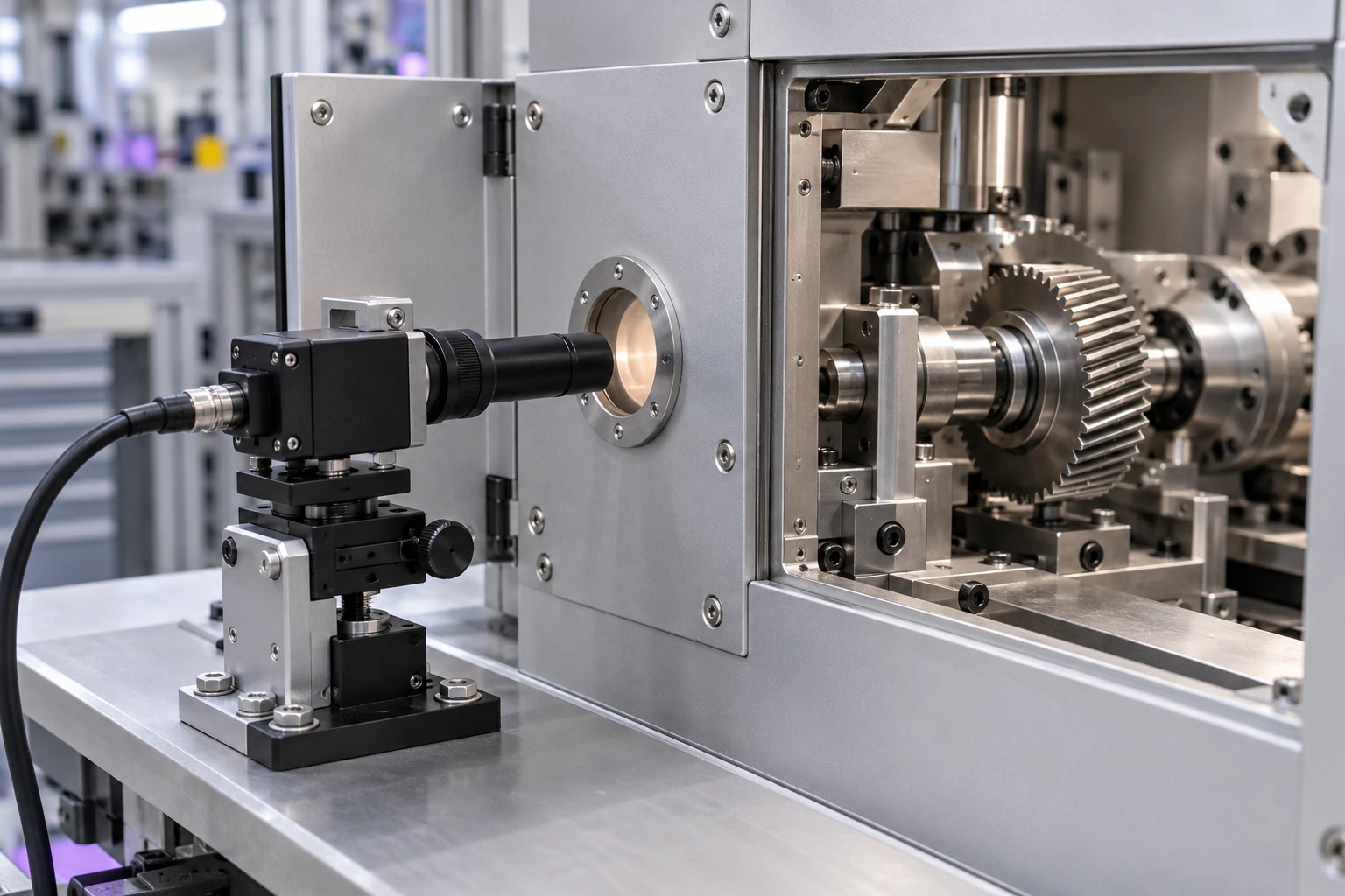 Illustrative pinhole camera viewing a gear assembly through an equipment enclosure aperture