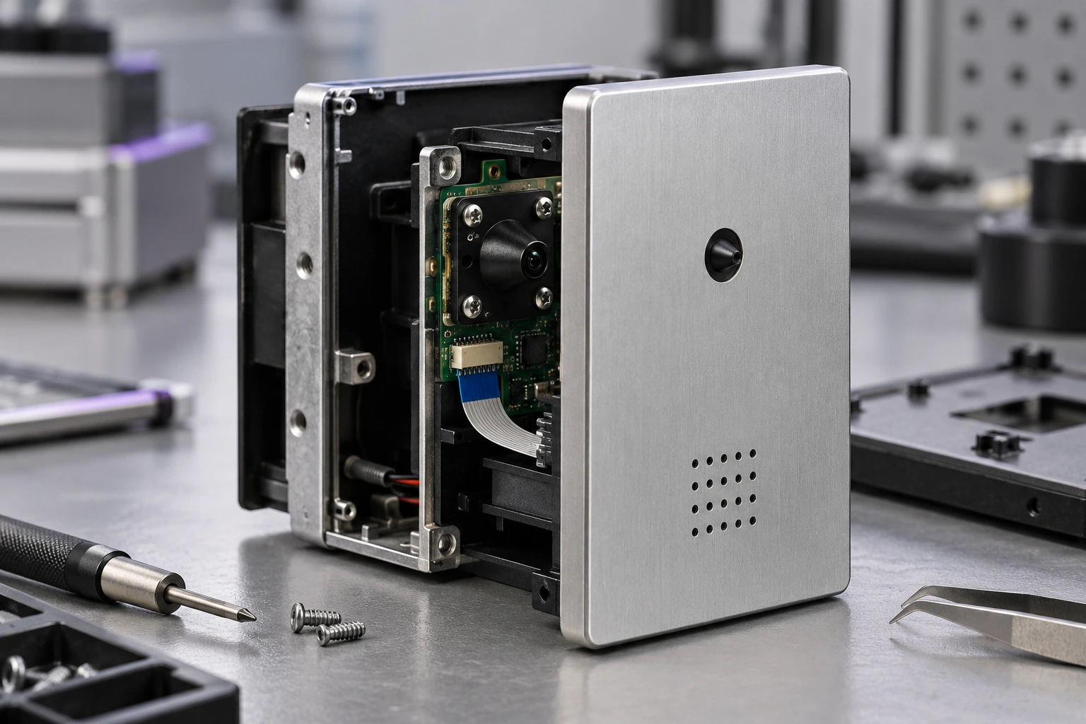 Illustrative pinhole lens integrated behind a compact access-control camera panel