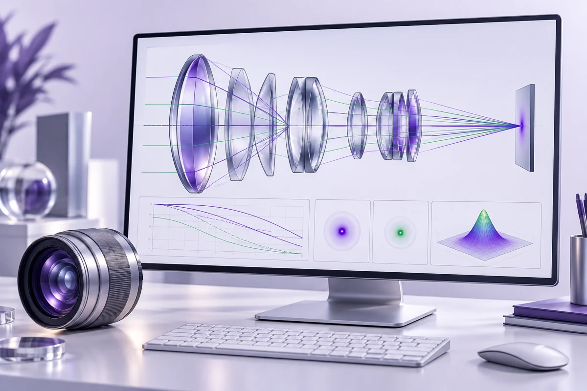 Concept illustration of an optical design workstation with lens layout and ray paths