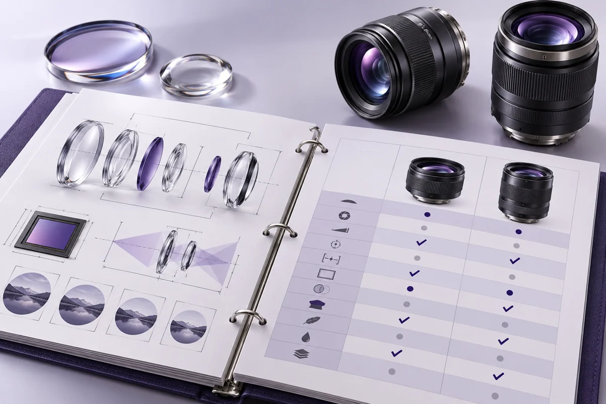 Concept illustration of a lens selection binder and comparison table
