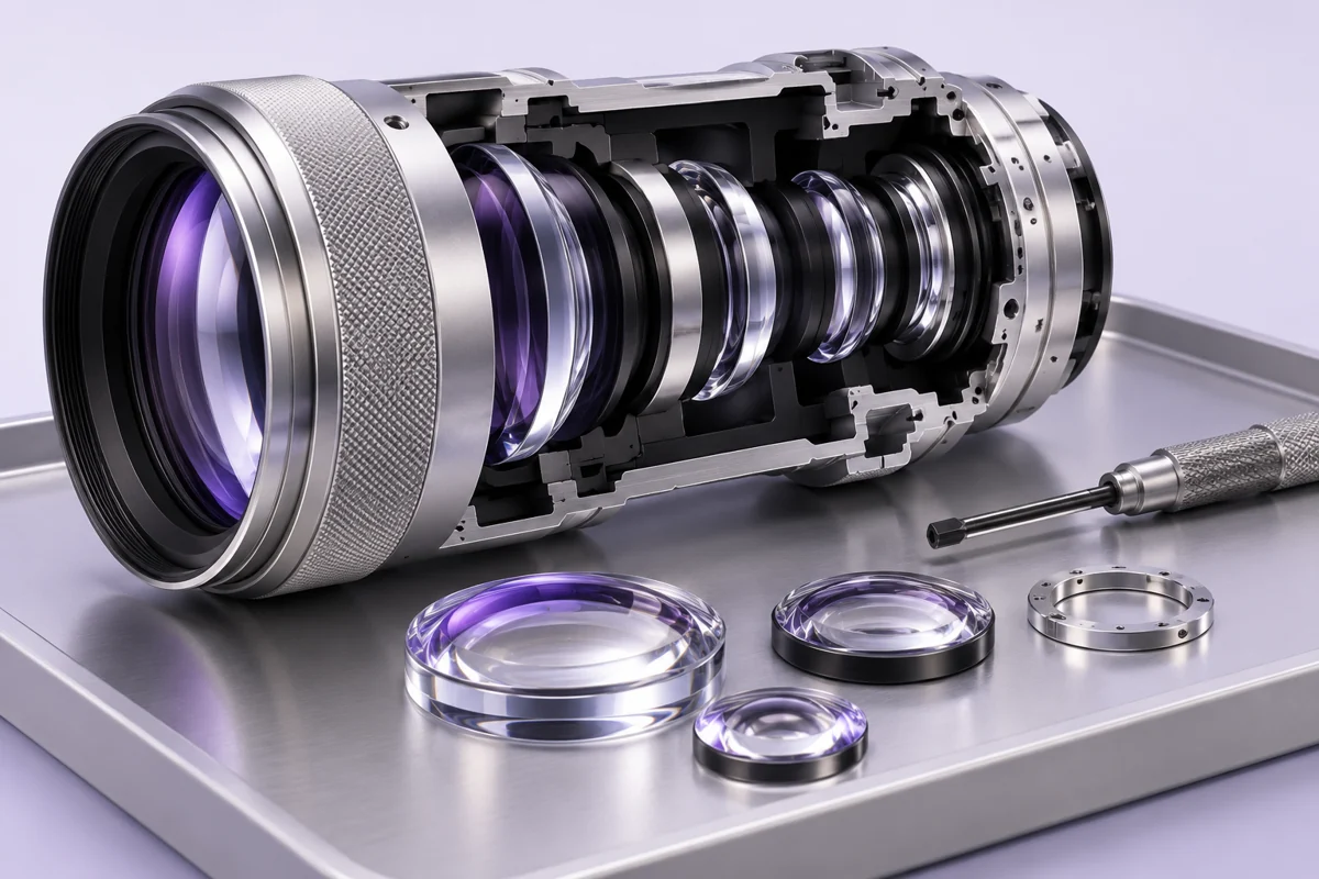 Concept illustration of a cutaway lens assembly and optical components