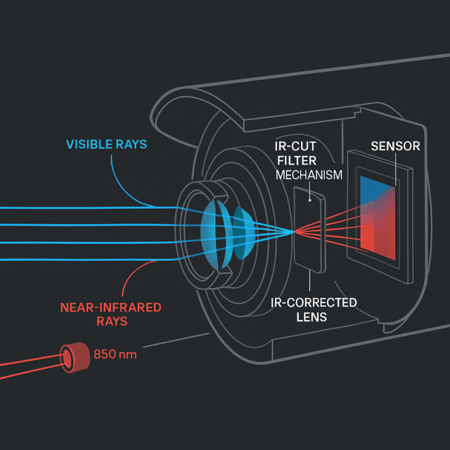 Diagram of an IR-corrected security camera lens focusing visible and infrared light on the same sensor plane