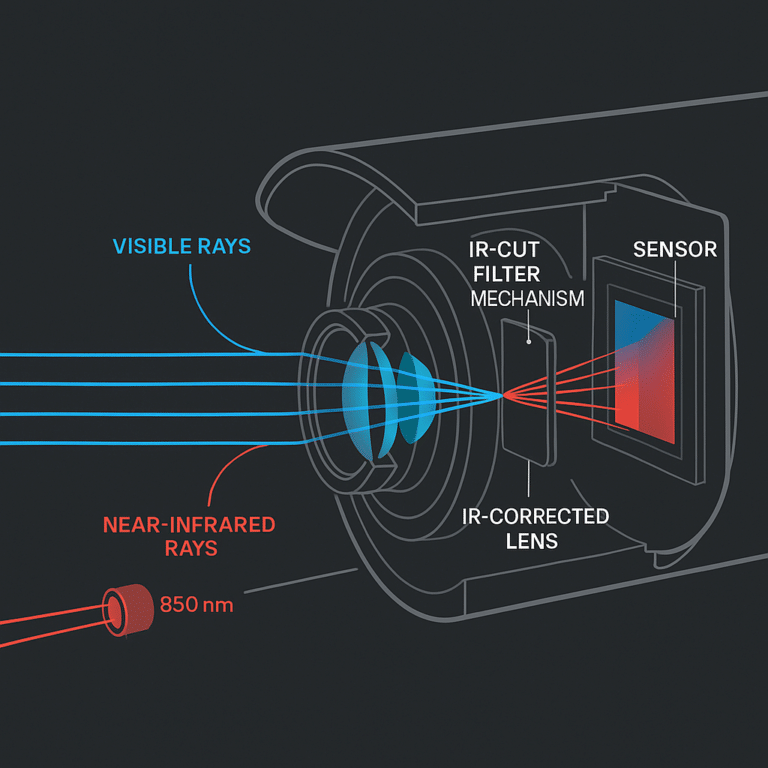Diagram of an IR-corrected security camera lens focusing visible and infrared light on the same sensor plane