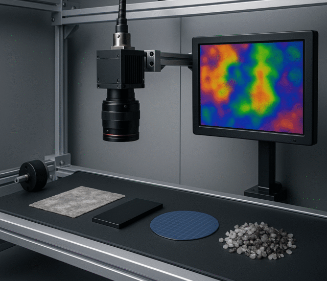 SWIR machine vision camera inspecting moisture variation, coatings, silicon and mixed industrial materials on a conveyor