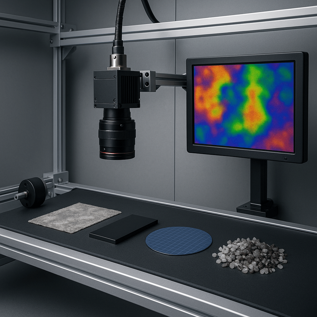 SWIR machine vision camera inspecting moisture variation, coatings, silicon and mixed industrial materials on a conveyor