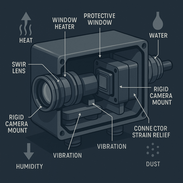 Cutaway of a sealed SWIR imaging system showing thermal control, protective window, mounting, sealing, and vibration-management features.