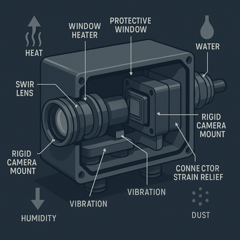 Cutaway of a sealed SWIR imaging system showing thermal control, protective window, mounting, sealing, and vibration-management features.