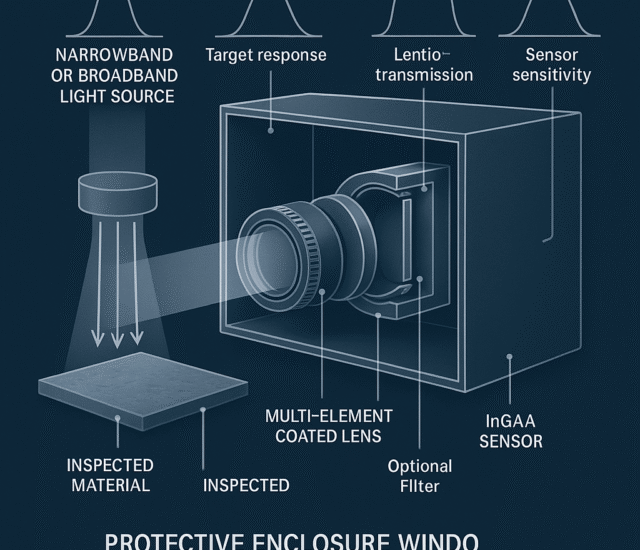SWIR spectral matching diagram comparing illumination, target response, lens coatings, protective window, and InGaAs sensor sensitivity.