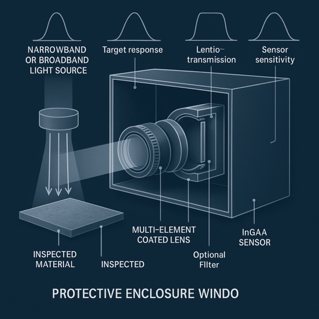 SWIR spectral matching diagram comparing illumination, target response, lens coatings, protective window, and InGaAs sensor sensitivity.