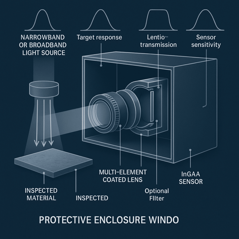 SWIR spectral matching diagram comparing illumination, target response, lens coatings, protective window, and InGaAs sensor sensitivity.