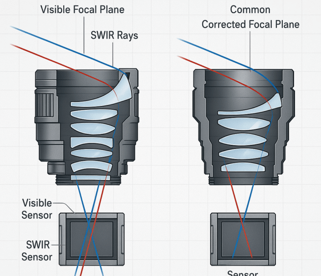 Visible vs SWIR lens diagram comparing coatings, glass elements and wavelength-dependent focal planes
