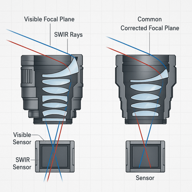 Visible vs SWIR lens diagram comparing coatings, glass elements and wavelength-dependent focal planes