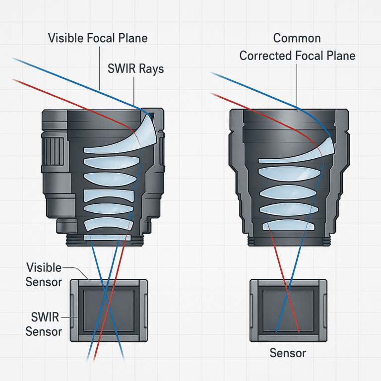 Visible vs SWIR lens diagram comparing coatings, glass elements and wavelength-dependent focal planes