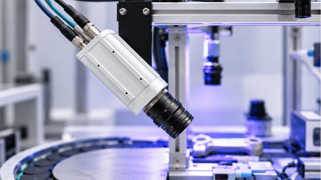 Industrial camera and machine vision lens in an automated inspection system