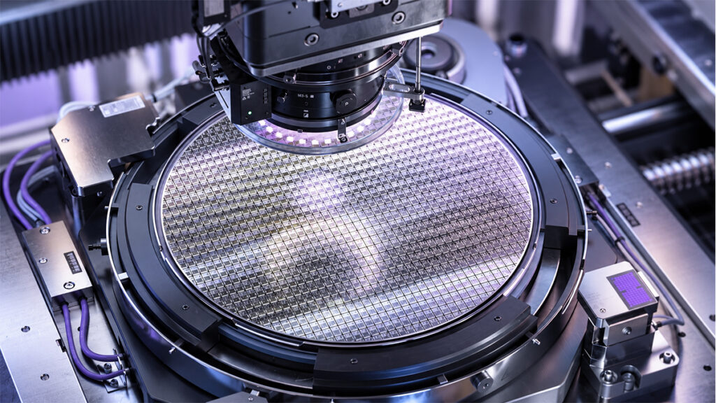 Semiconductor wafer beneath a precision optical inspection system