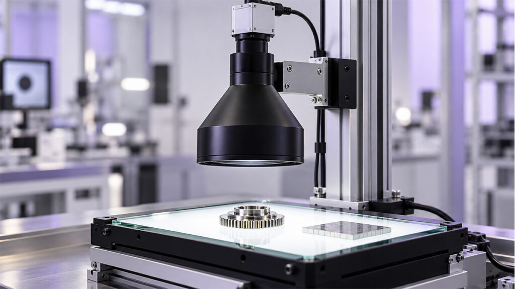 Telecentric lens for dimensional measurement of a precision metal gear