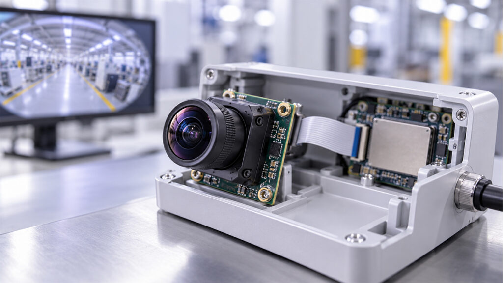 Wide-angle lens integrated into a compact embedded camera module
