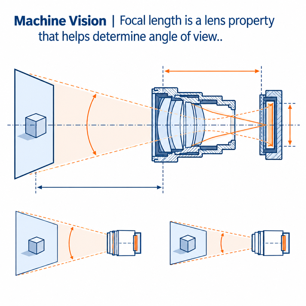 Focal Length diagram showing sensor, angle of view and scene coverage