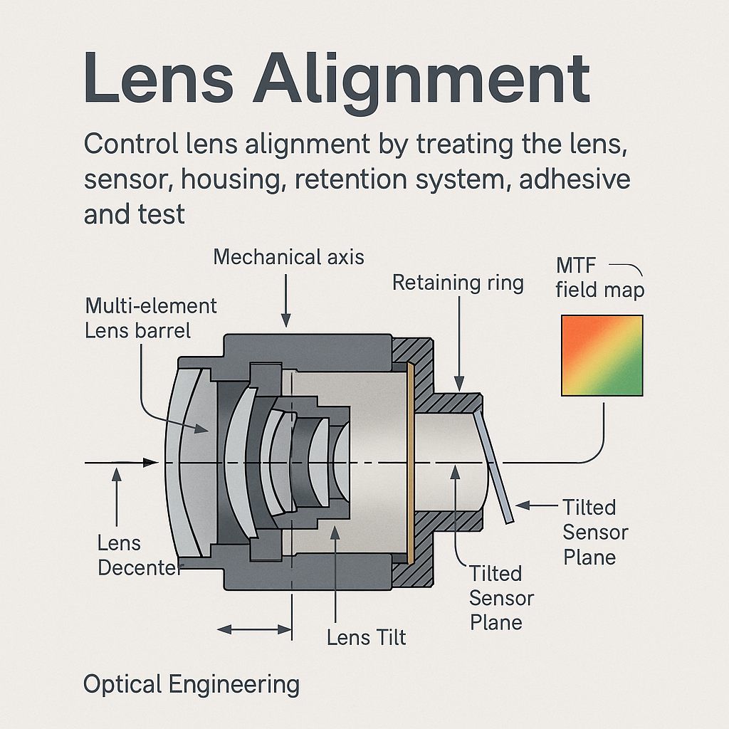 Lens Alignment diagram showing lens decenter, tilt and sensor-plane error