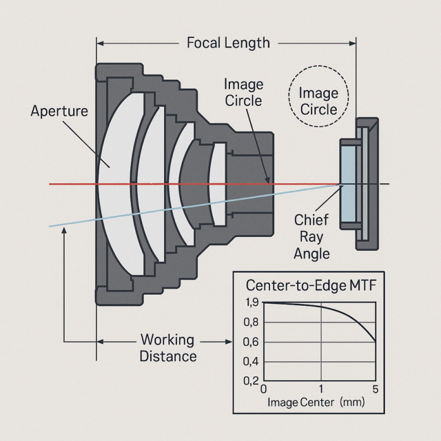 Lens Specifications diagram showing focal length, aperture, image circle and sensor