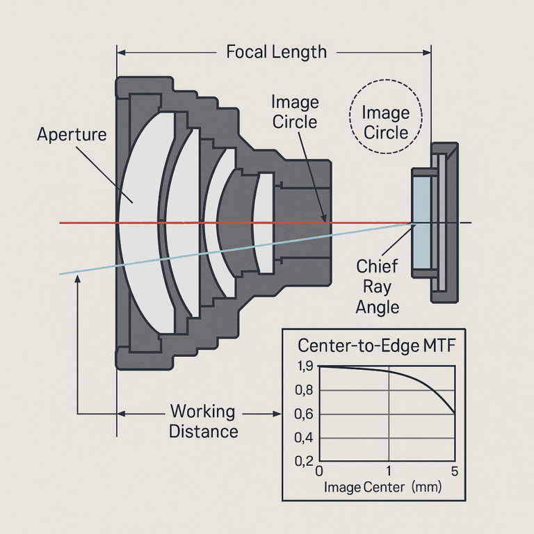 Lens Specifications diagram showing focal length, aperture, image circle and sensor