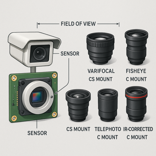 Comparison of the lens used in CCTV with sensor and field-of-view diagrams