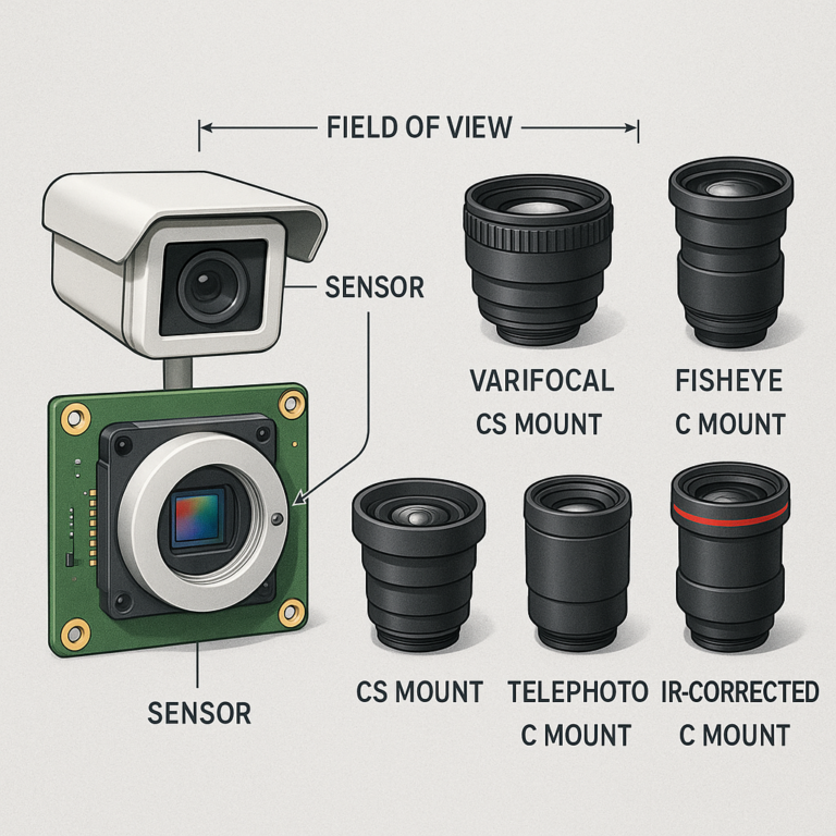 Comparison of the lens used in CCTV with sensor and field-of-view diagrams