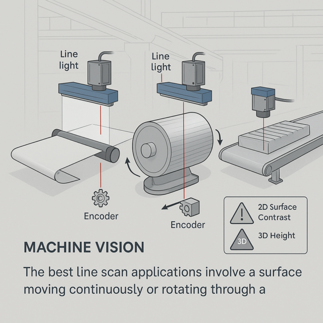 Line Scan Applications for a moving web, rotating cylinder, and conveyor part
