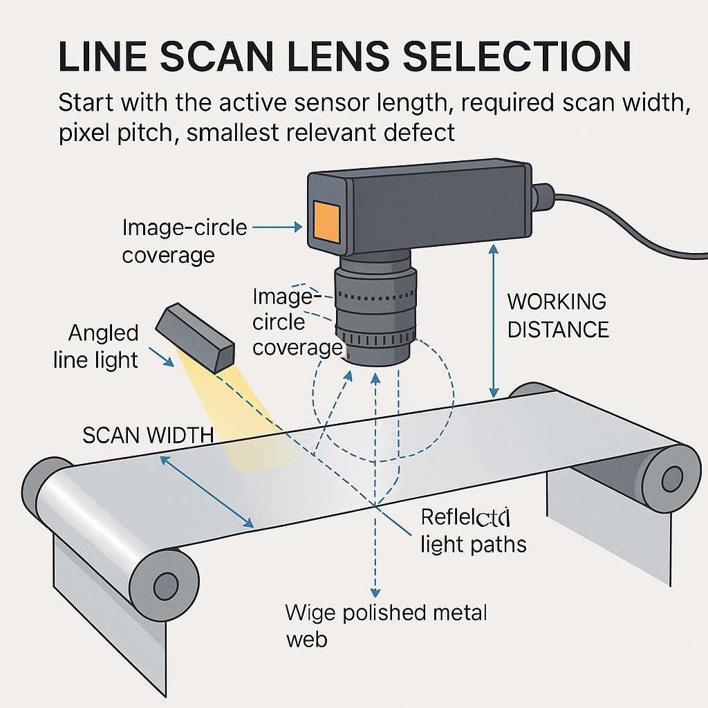 Line Scan Lens Selection setup for a large sensor inspecting reflective metal