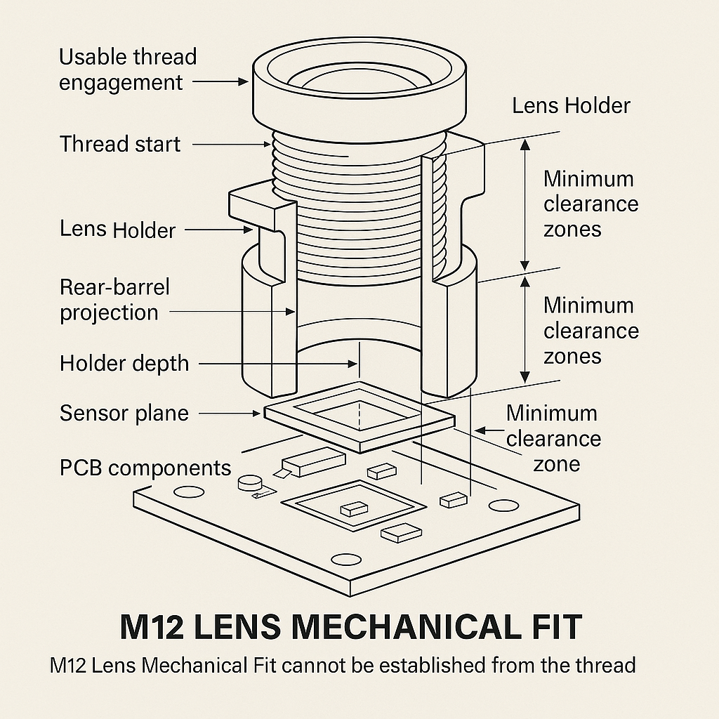 M12 Lens Mechanical Fit section view showing threads, focus travel and sensor clearance