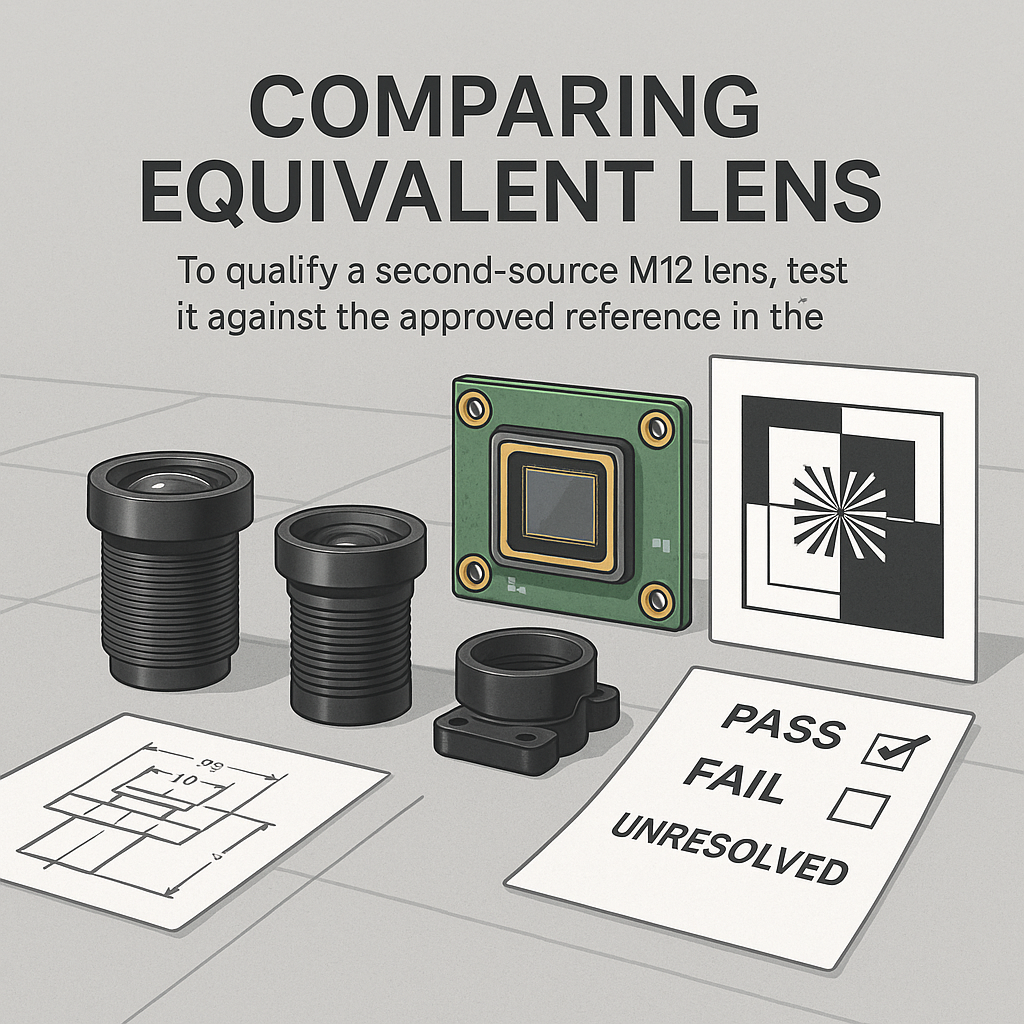 M12 Sample Approval comparison of two lenses, a sensor board and qualification records