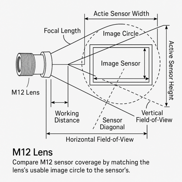 M12 Sensor Coverage diagram showing image circle and sensor field of view