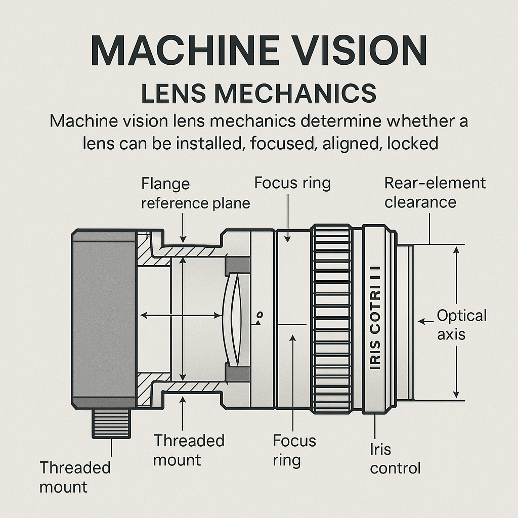 Machine Vision Lens Mechanics diagram showing mount, barrel, sensor plane, and alignment