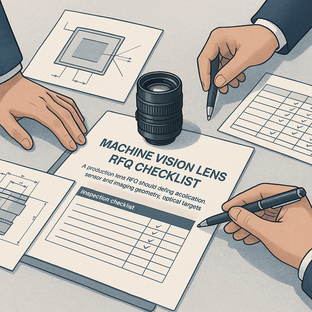 Machine Vision Lens RFQ Checklist beside an industrial lens and engineering drawings