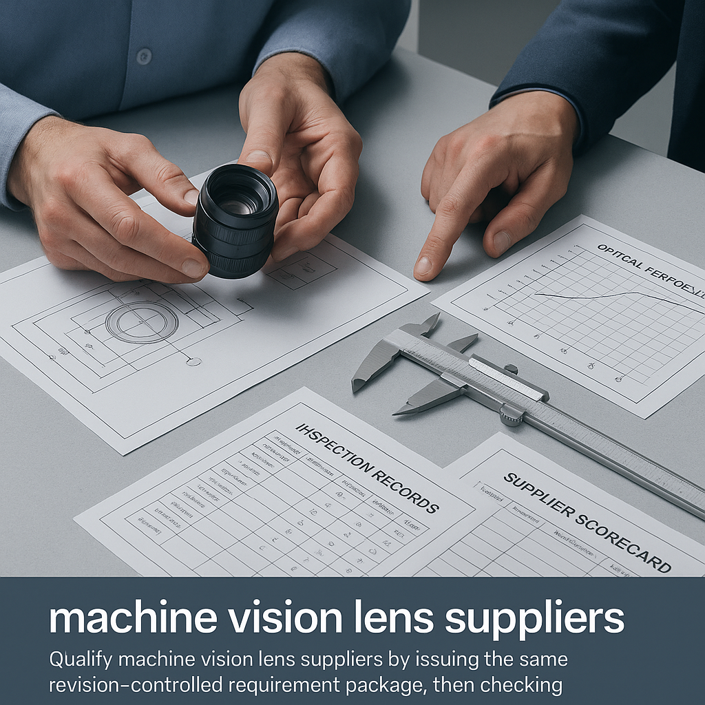 OEM team comparing machine vision lens suppliers with drawings and quality records