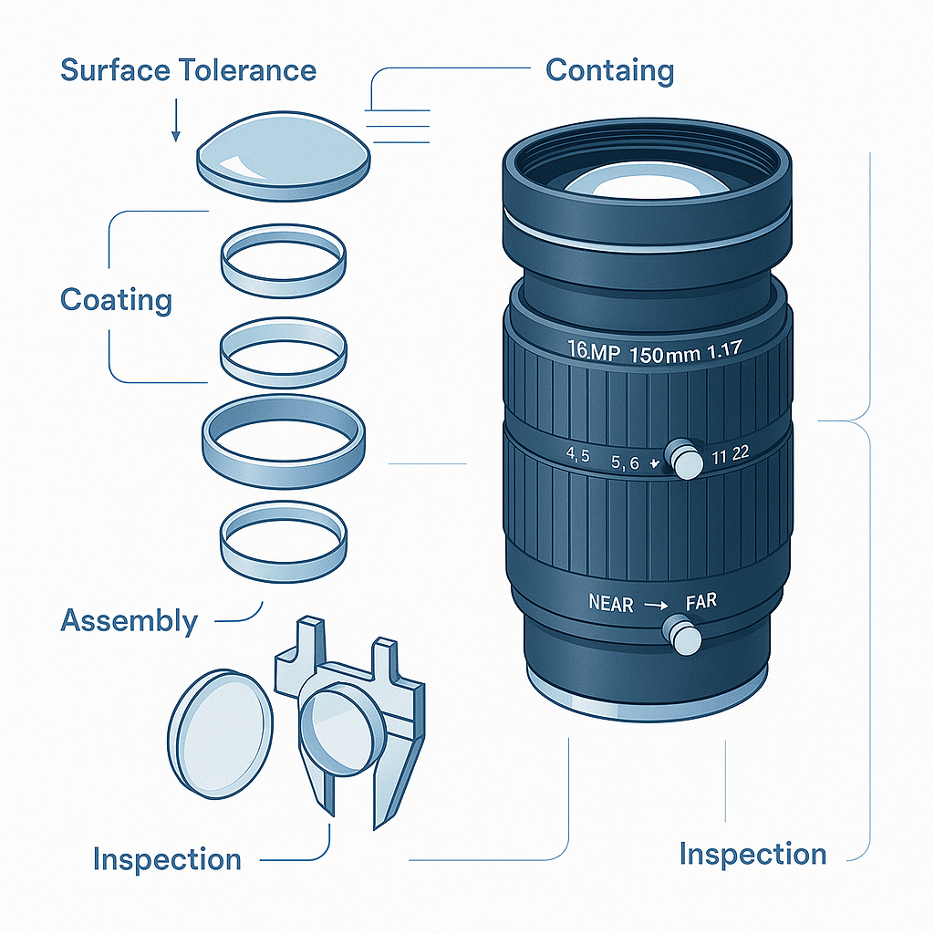 Optical Lens DFM cost drivers in an exploded lens assembly