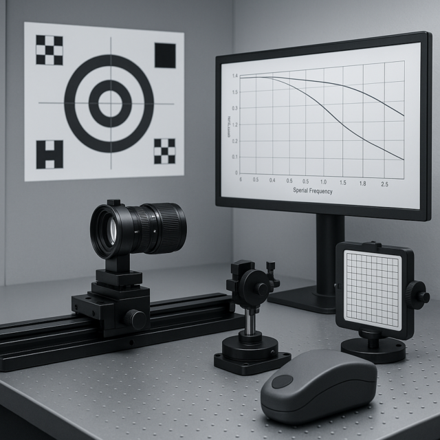 Optical Lens Quality Control bench for MTF, distortion, and centering tests