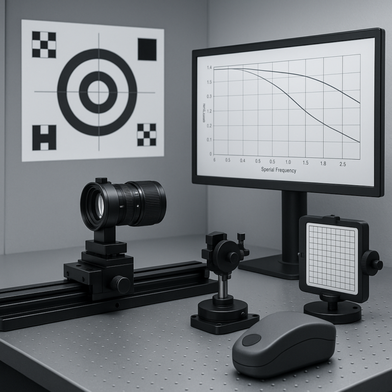 Optical Lens Quality Control bench for MTF, distortion, and centering tests
