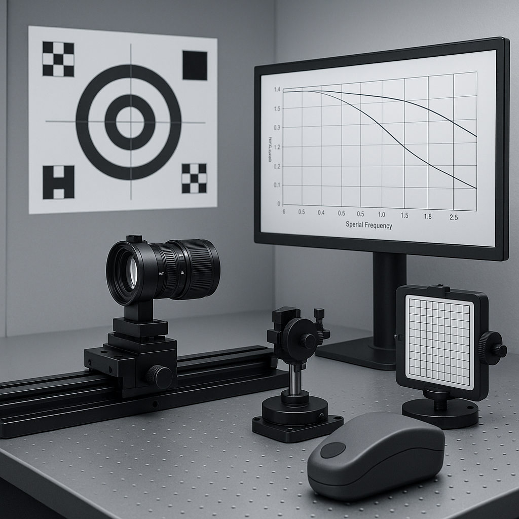 Optical Lens Quality Control bench for MTF, distortion, and centering tests
