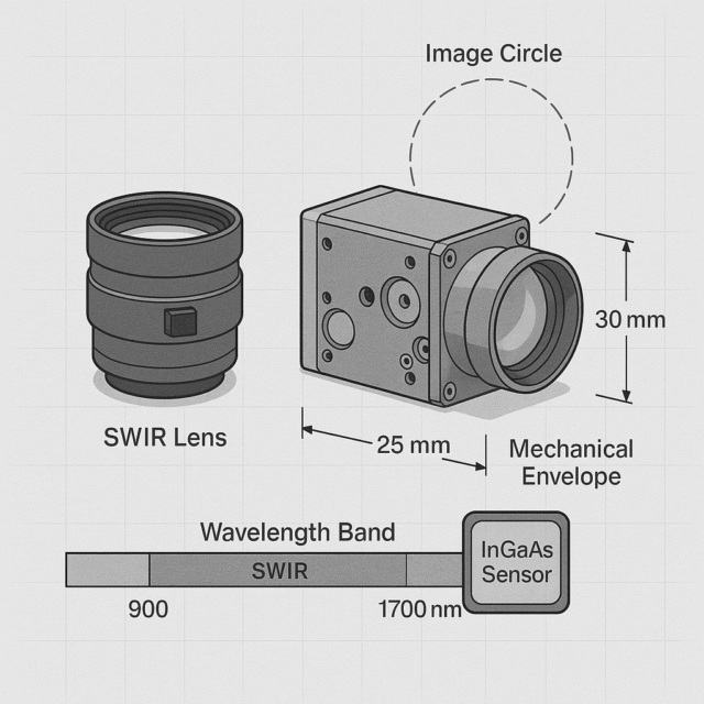 Stock vs Custom SWIR Lenses beside a SWIR sensor and image-circle diagram