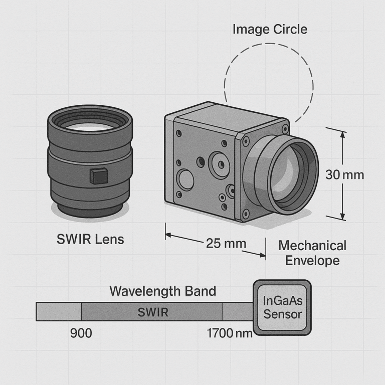 Stock vs Custom SWIR Lenses beside a SWIR sensor and image-circle diagram