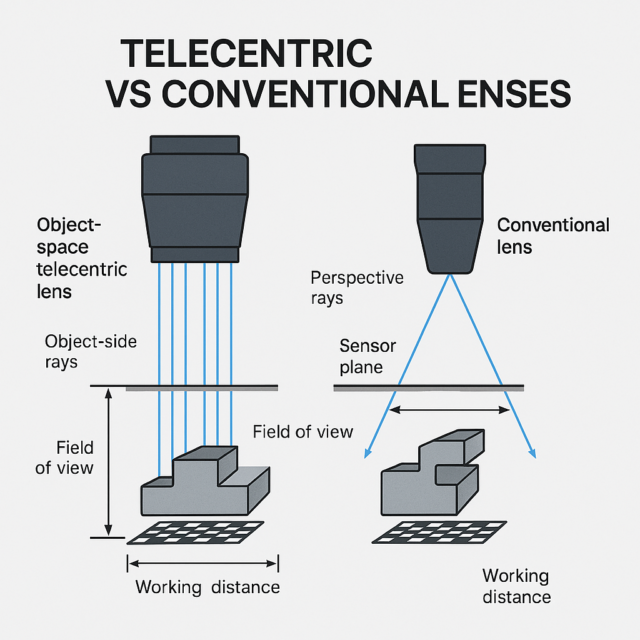 Telecentric vs Conventional Lenses imaging geometry comparison