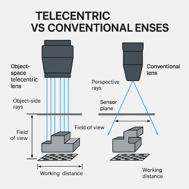 Telecentric vs Conventional Lenses imaging geometry comparison